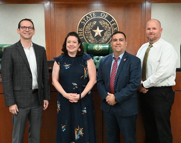 Texas Education Commissioner Mike Morath, HHSC Chief Policy and Regulatory Officer Jordan Dixon, TWC Chairman Joe Esparza, and DFPS Director of Child Care Investigations Clint Cox at the inaugural Quad Agency meeting.